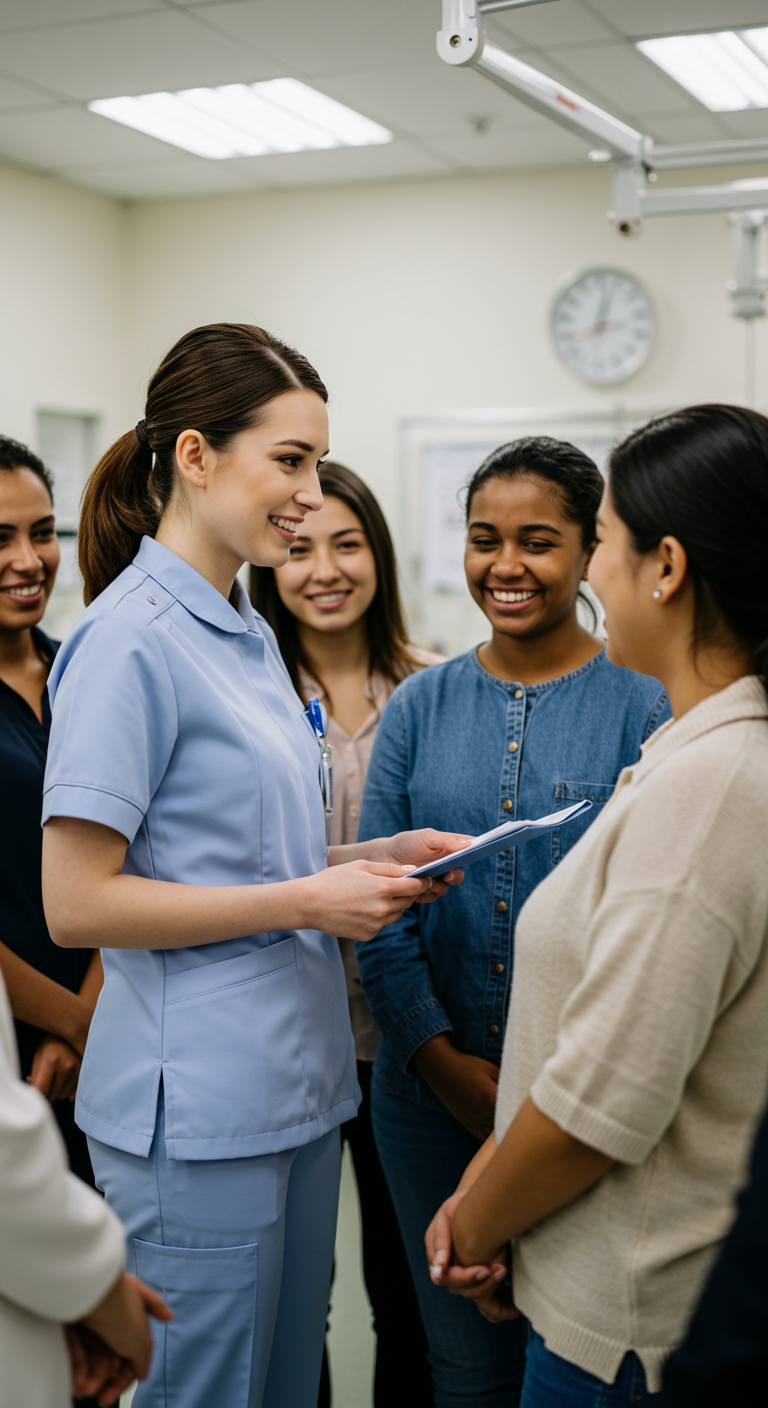 This is an AI image of a female nurse holding papers and talking to her peers.